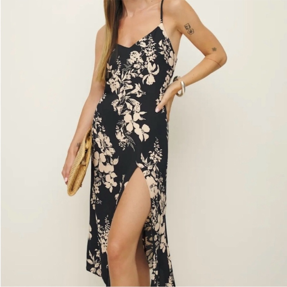 Reformation Black and Cream Floral Midi Dress